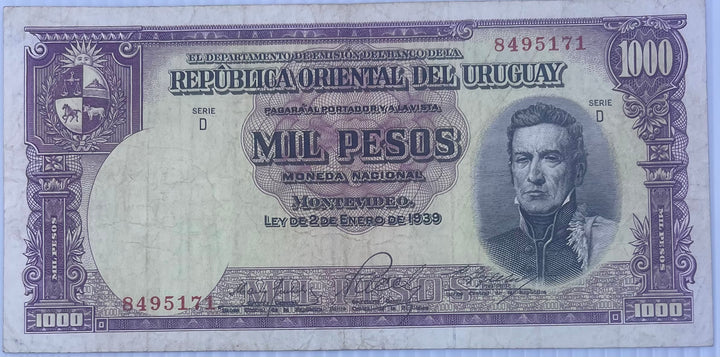 Uruguay 1967 1000 Pesos P-45s Used World Banknote Currency