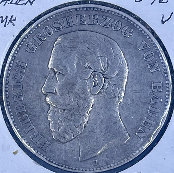 1876 G Germany (Baden) 5 Mark - Frederick I Silver KM#263.2 Coin