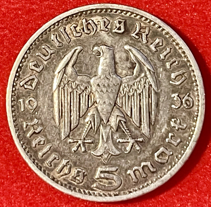 5 MARK 1936 G German WW2 90% Silver Coin Third Reich  Reichsmark