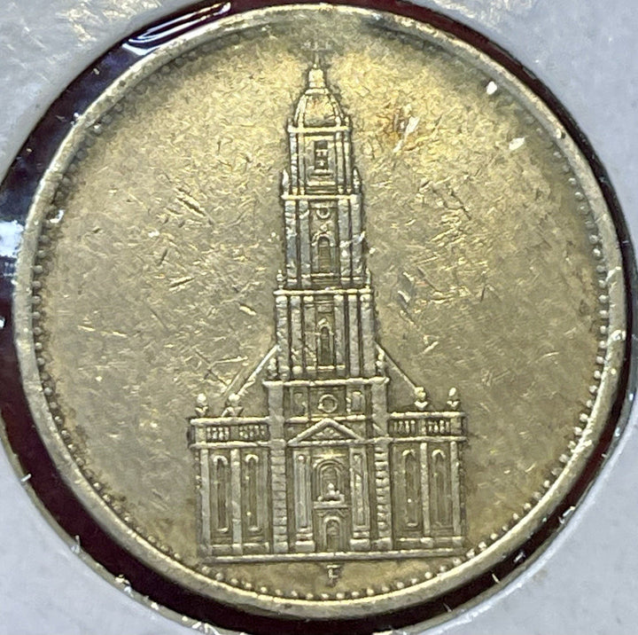 GERMAN 5 MARK REICHSMARK 1934 F Potsdam CHURCH SWASTIKA Date Silver Coin 3RD WW2