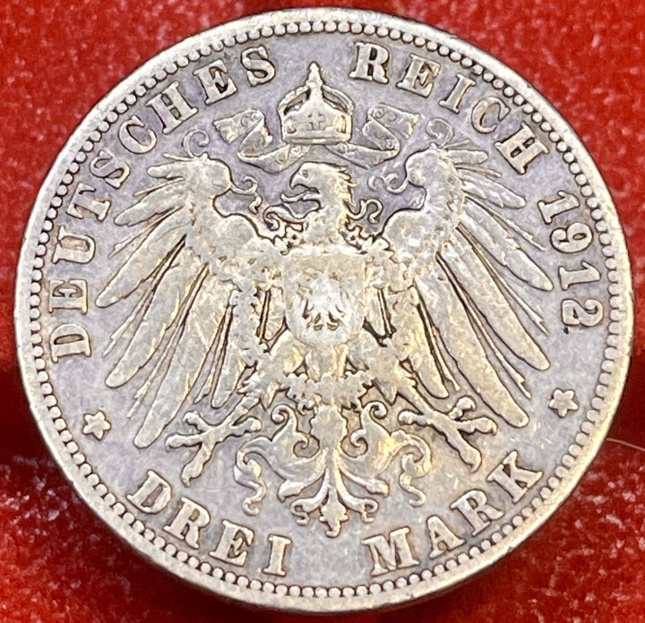 🇩🇪 Germany Prussia 3 mark 1912 "A"  Silver Coin 0.900 KM-522 1891-1912 J#102
