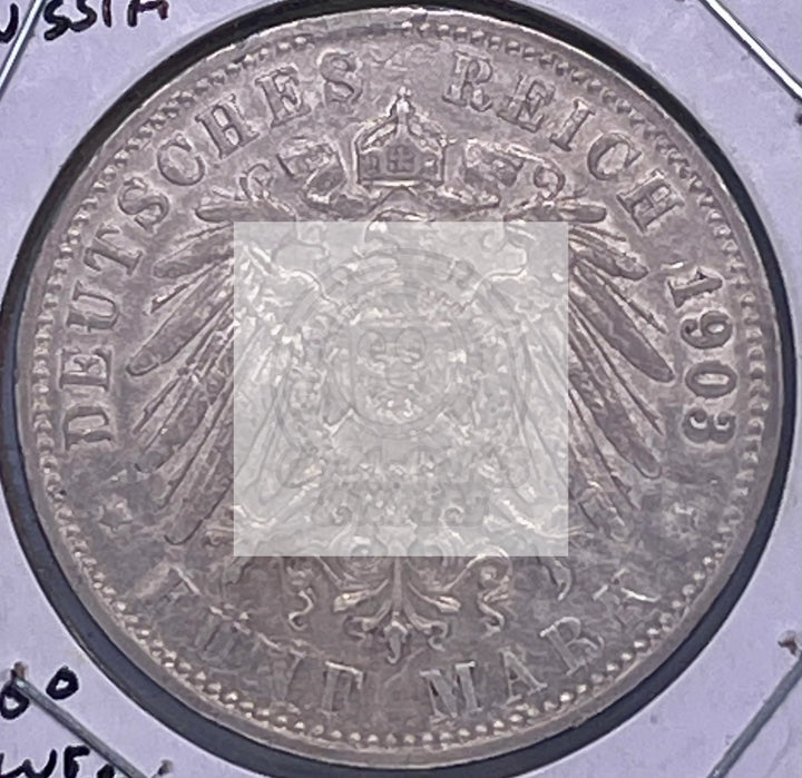 1903-A Germany Prussia 5 Mark Silver Funf Reich .900 Wilhelm II Preussen - Cool Coins & Notes