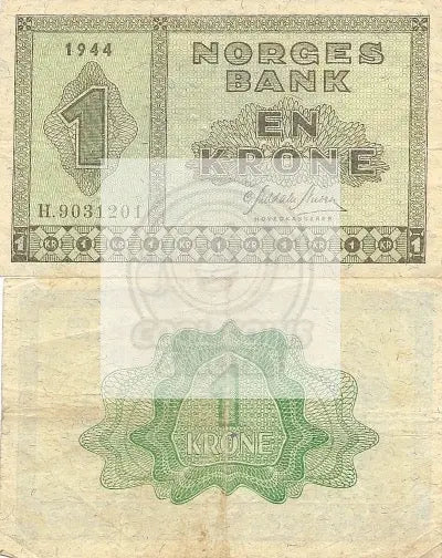 1944 Norway 1 Krone P-15a.5 XF Note - Cool Coins & Notes