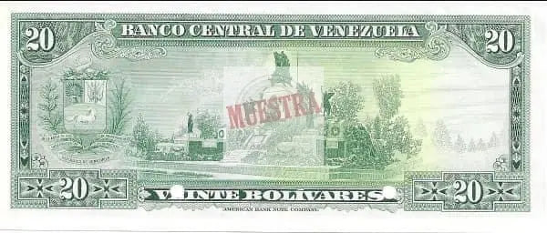 🇻🇪 1972 Venezuela 20 Bolivars Specimen with Red overprint: Muestra. - Cool Coins & Notes