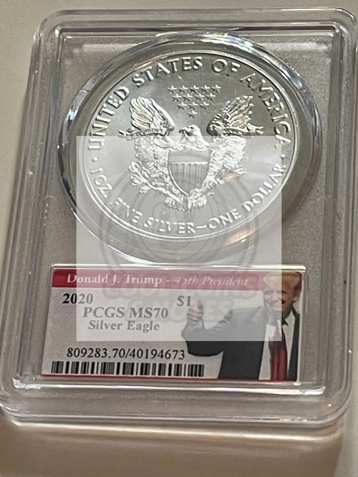 2020 Donald J Trump Label MS 70 Silver Eagle 1rst Strike 45th President PCGS - Cool Coins & Notes