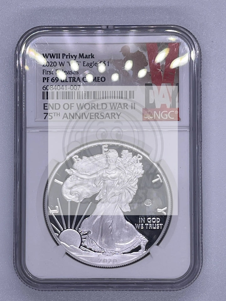 2020 W $1 NGC PF69 ULTRA CAMEO V75 PRIVY SILVER EAGLE WORLD WAR II 75th ANN - Cool Coins & Notes
