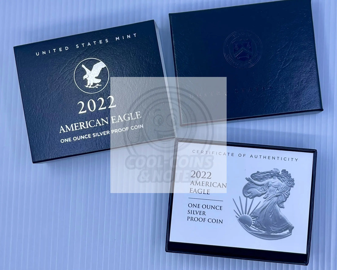 2022 S AMERICAN SILVER EAGLE 1 OZ. PROOF COIN WITH BOX AND COA - Cool Coins & Notes