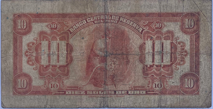 1941 Peru 10 Soles De Oro P-67 Used World Banknote
