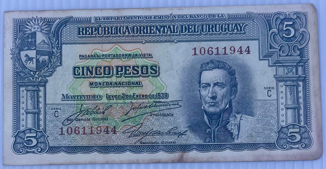 Uruguay 1939 5 Pesos P-36 Used World Banknote Currency