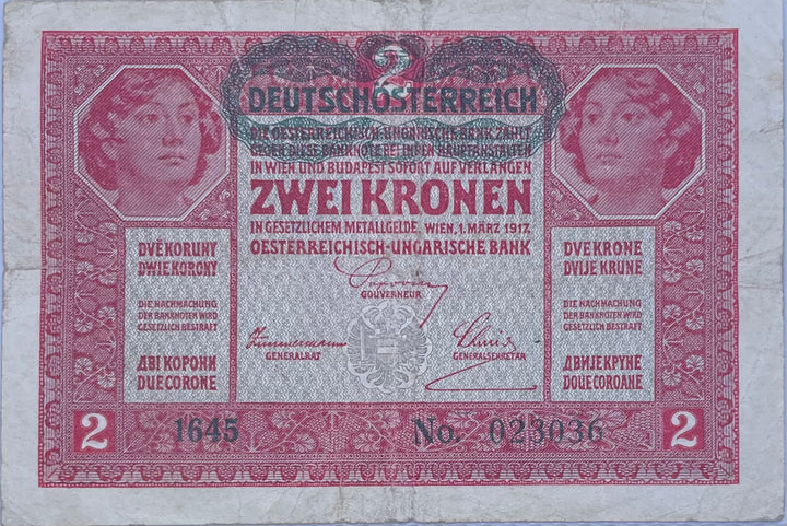 1917 Austria 2 Kronen Used World Banknote