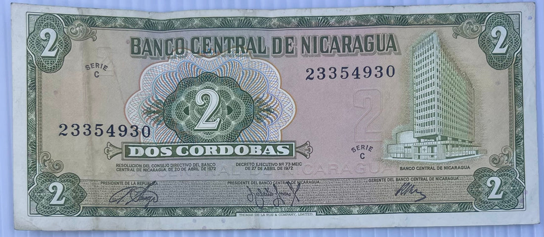 Nicaragua 1972 2 Cordobas P-121 Used World Banknote Currency