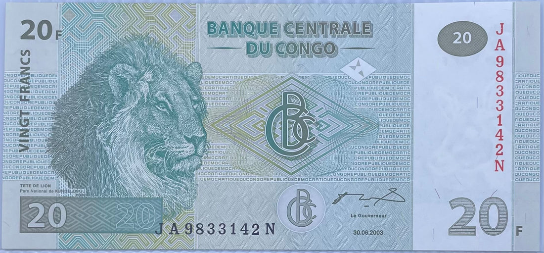 2003 Congo Democratic Republic 20 Francs P-94A UNC “Lion Note” World Banknote
