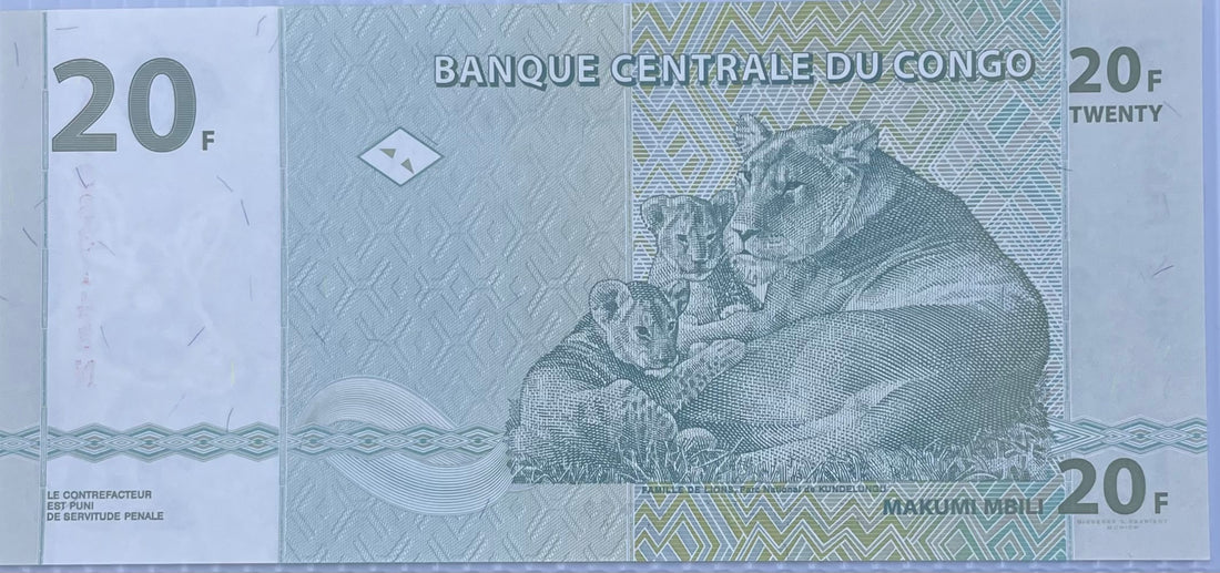 2003 Congo Democratic Republic 20 Francs P-94A UNC “Lion Note” World Banknote
