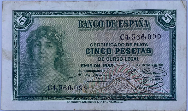 1935 Spain 5 Pesetas P-85 Circulated World Banknote