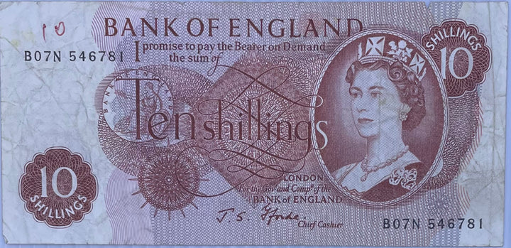 1961 England 10 Shillings P-373 Used World Banknote