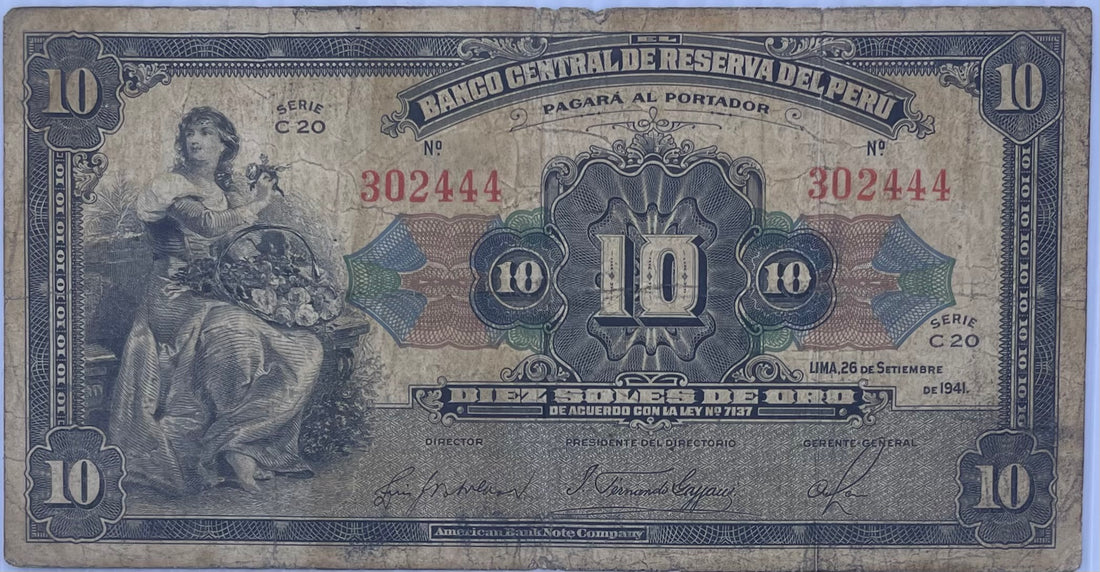 1941 Peru 10 Soles De Oro P-67 Used World Banknote