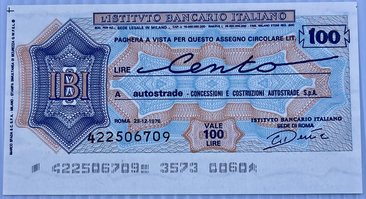 Italy 1976 100 Lire P-G 1372.4.3 Banca di Credito Agrario di Ferrara - Autostrade PNL AU Banknote