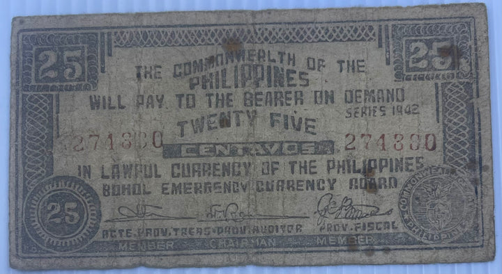Philippines 1942 25 Centavos P-S133 Used WW2 World Banknote