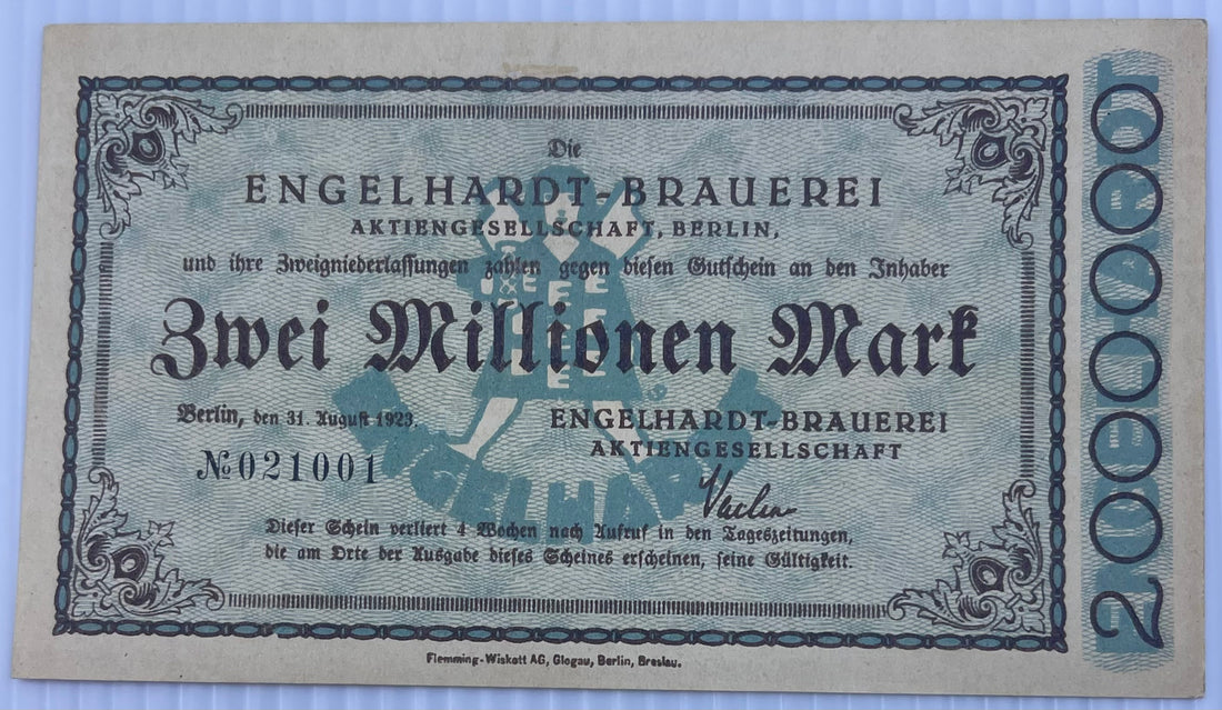 Germany 1923 2 Million Mark 364.4 AUNC Berlin Engelhardt Brauerei World Banknote Currency