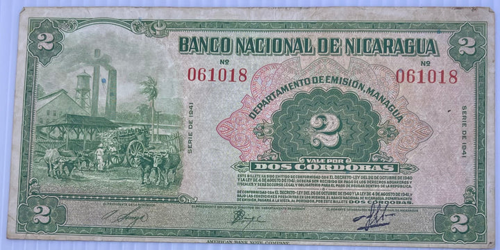 Nicaragua 1941 2 Cordobas P-92 Used World Banknote Currency