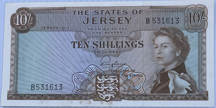 Jersey 1963 10 schillings P-7 AUNC QEII World Banknote
