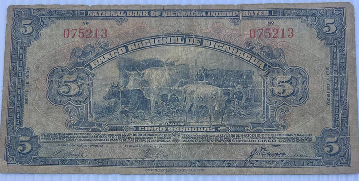 Nicaragua 1938 5 Cordobas P-93 Used World Banknote Currency