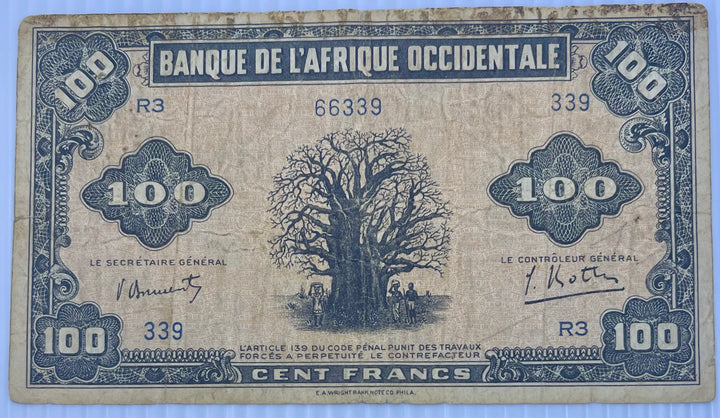 French West Africa 1942 100 Francs P-31 WW2 Used World Banknote