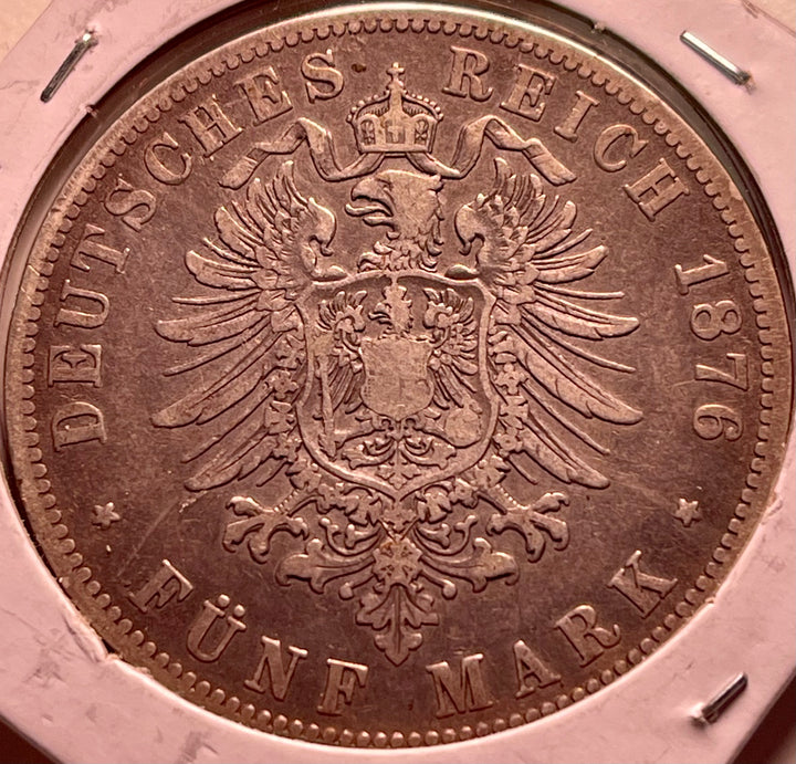 Germany 1876 A 5 Mark Saxony Silver Coin – KM#503 - Cool Coins & Notes