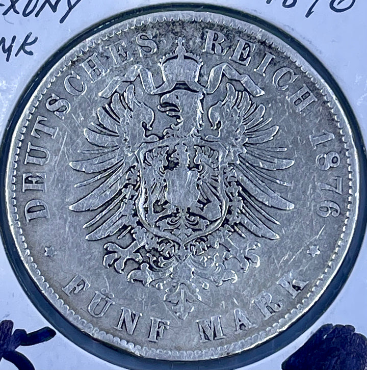 Germany 1876 E 5 Mark Saxony Silver Coin KM1238 - Cool Coins & Notes
