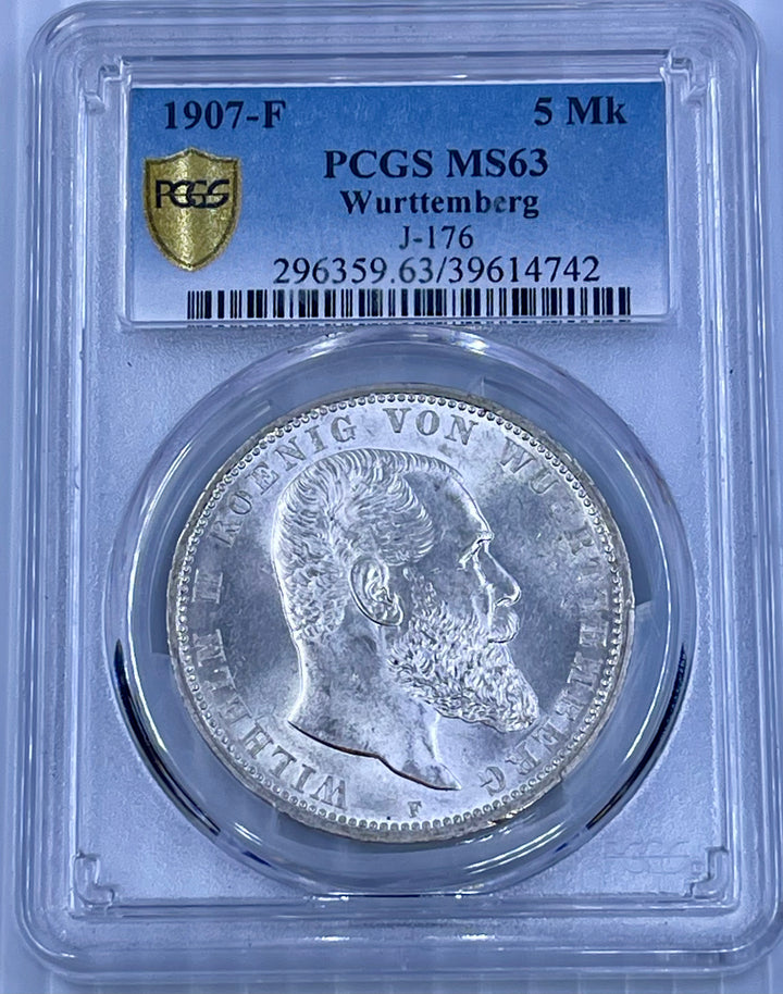 Germany 1907-F 5 Mark Silver Coin PCGS MS63 – Kingdom of Württemberg - Cool Coins & Notes