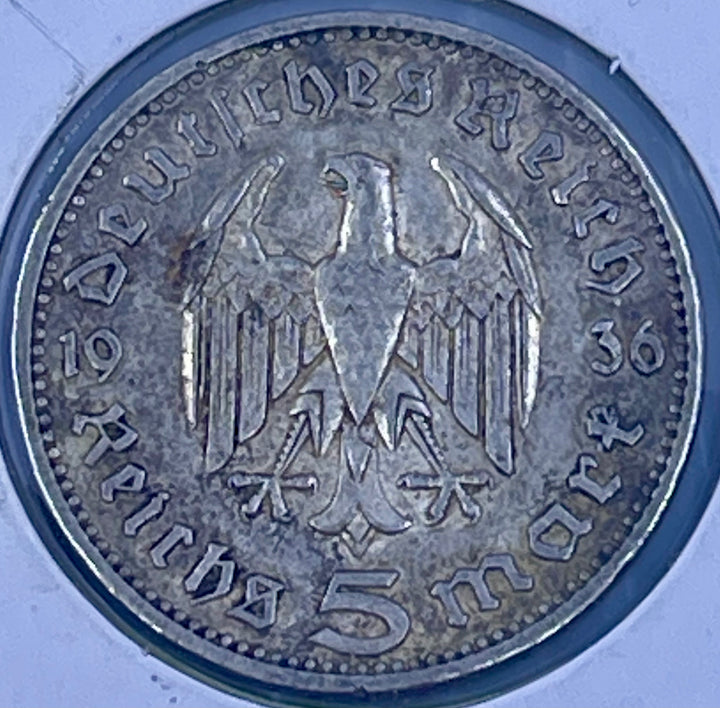 Germany 1936 A 5 Mark Third Reich WW2 .900 Silver KM86 Coon - Cool Coins & Notes