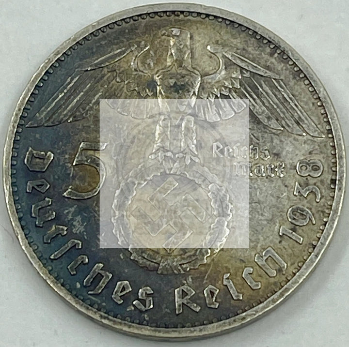 Germany 1938 A 5 Mark Third Reich WW2 KM94.900 Silver, .4106 ASW - Cool Coins & Notes