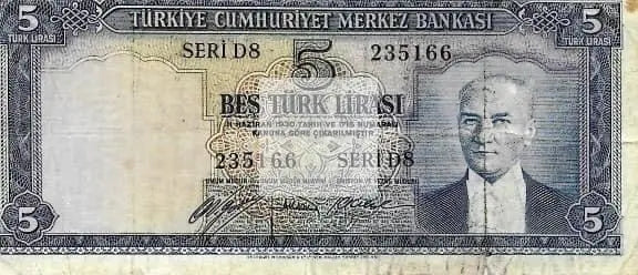 L. 1930 Turkey Central bank Currency Five Liras Banknote Kamal Ataturk Pick# 173 - Cool Coins & Notes