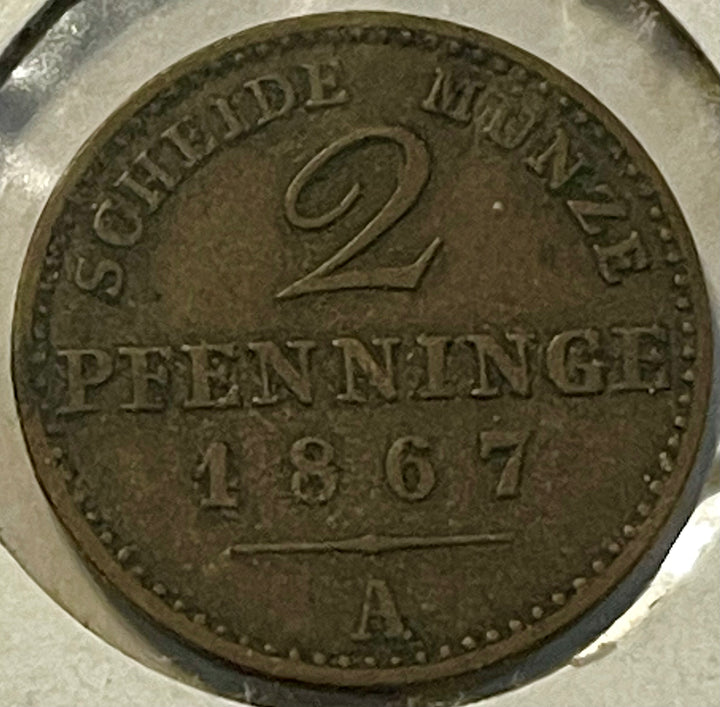 Prussia 1867 A 2 Pfennig Copper Coin KM#481 - Cool Coins & Notes