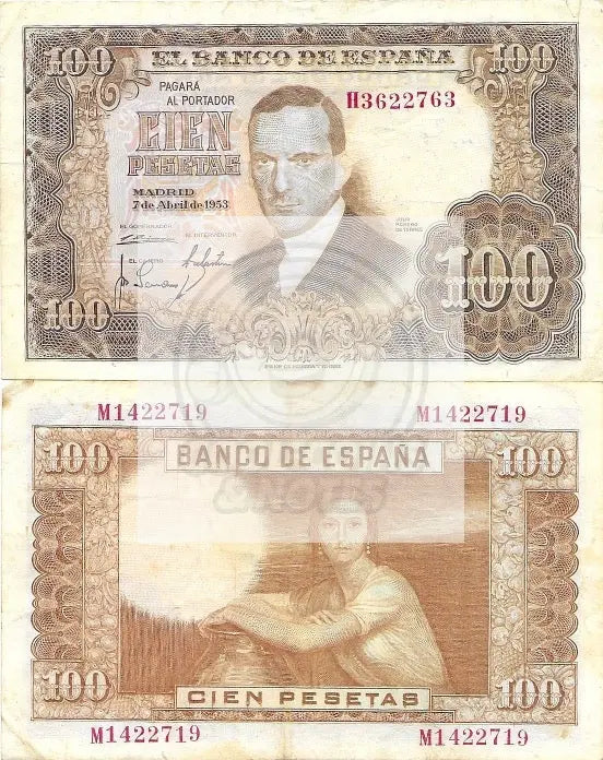 Spain 1953 100 Pesetas Note Circulated P 145 - Cool Coins & Notes