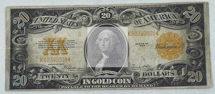 United States 1922 $20 Gold Certificate FR#1187, Banknote - Cool Coins & Notes