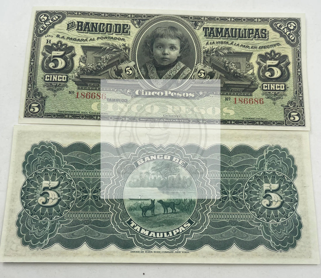 Vintage 1902-14 Mexico Tamaulipas 5 Pesos Note, AU+++, P-429r, - Cool Coins & Notes