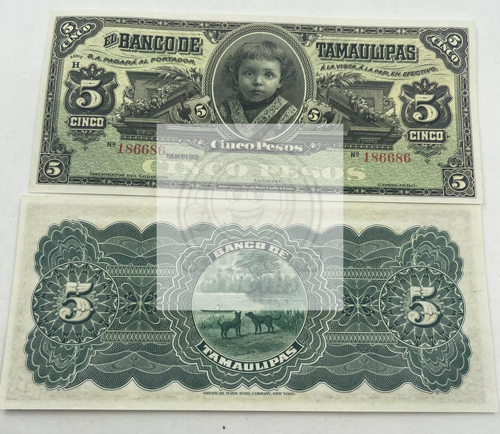 Vintage 1902-14 Mexico Tamaulipas 5 Pesos Note, AU+++, P-429r, - Cool Coins & Notes