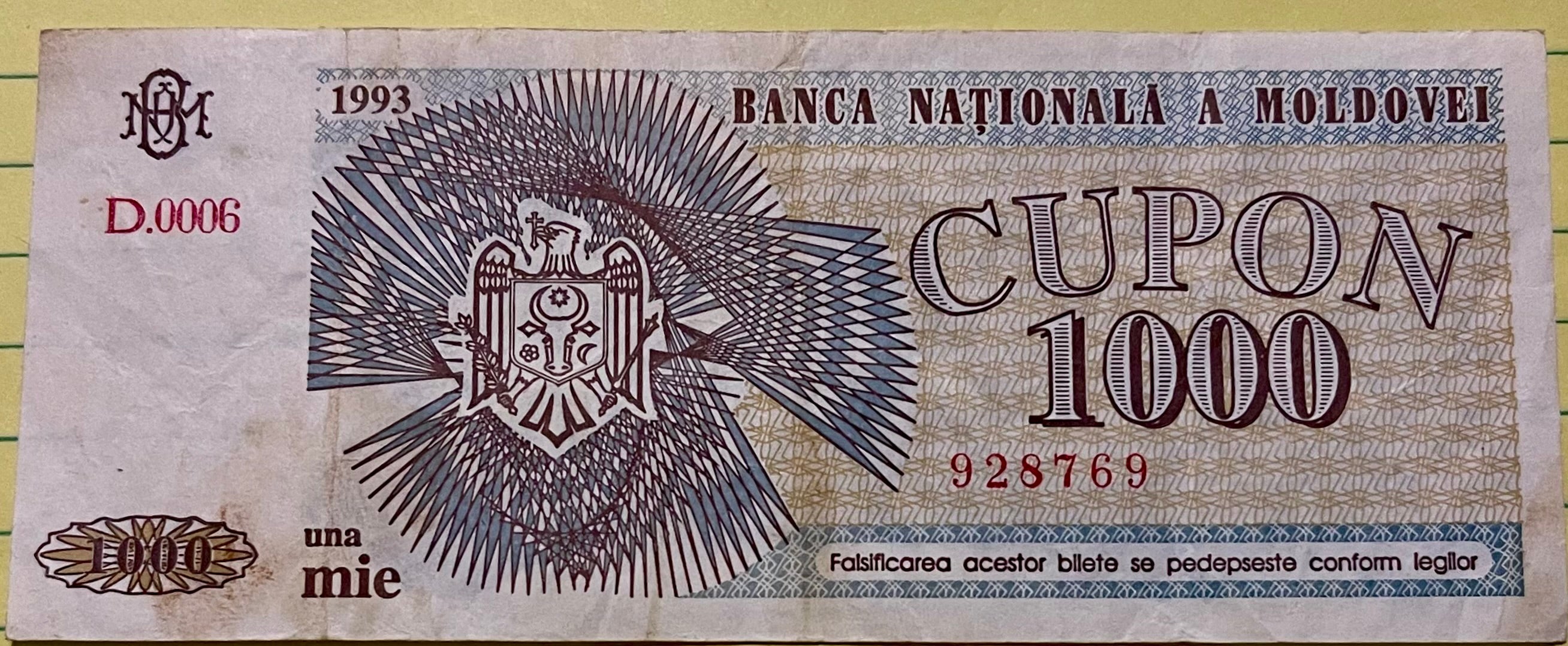 Moldova 1993 1000 Cupon P-4 Used World Banknote From Lot