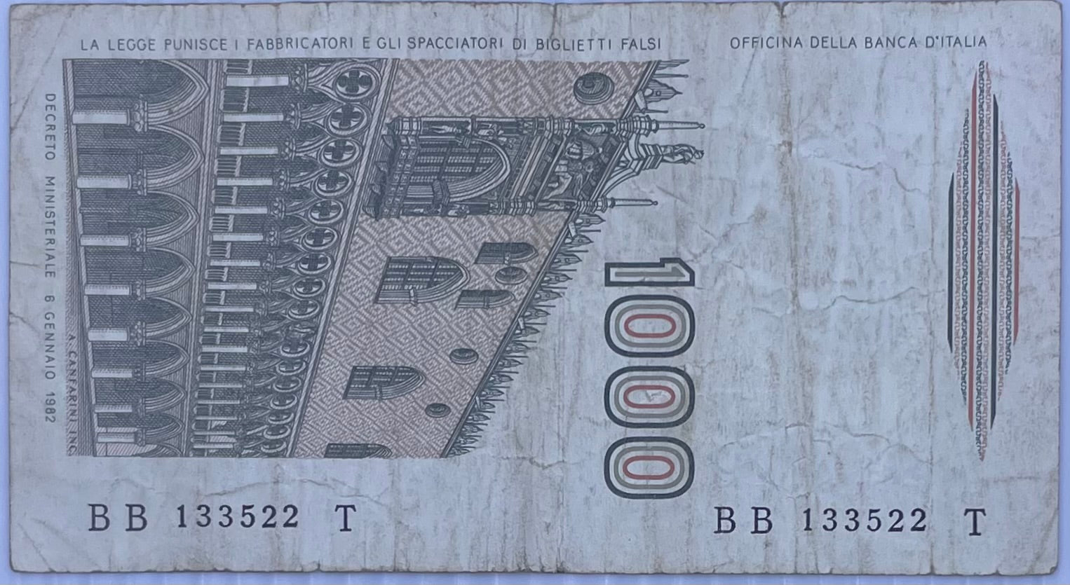 Italy 1982 1,000 Lire P-109, Used World Banknote