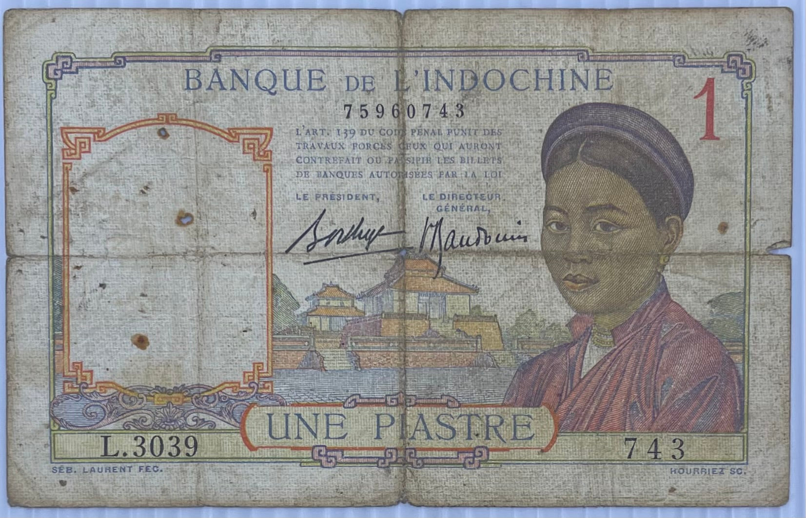 1932 French Indochina 1 Piastre P-54 Circulated World Banknote