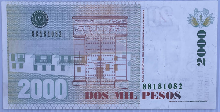 1998 Columbia 2,000 Pesos P-445 Used World Banknote