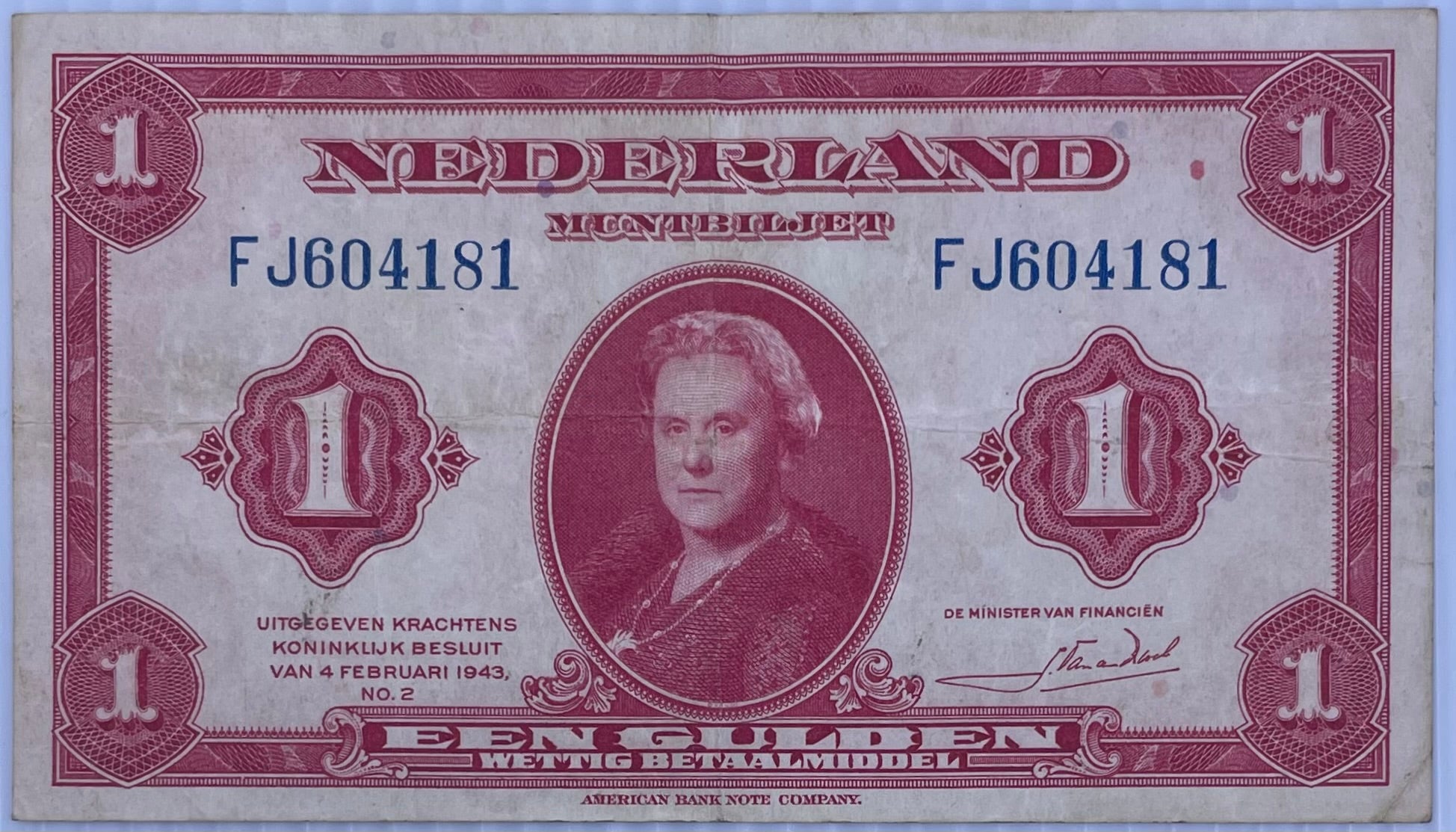 Netherlands 1943 1 Gulden P-64 Used World Banknote From Lot