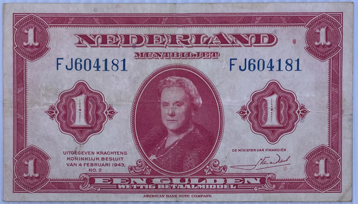 Netherlands 1943 1 Gulden P-64 Used World Banknote From Lot