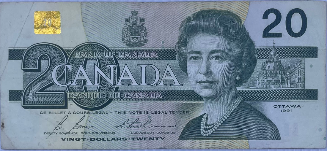 1991 Canada 20 Dollars banknote featuring Queen Elizabeth II and Common Loon from Birds of Canada series