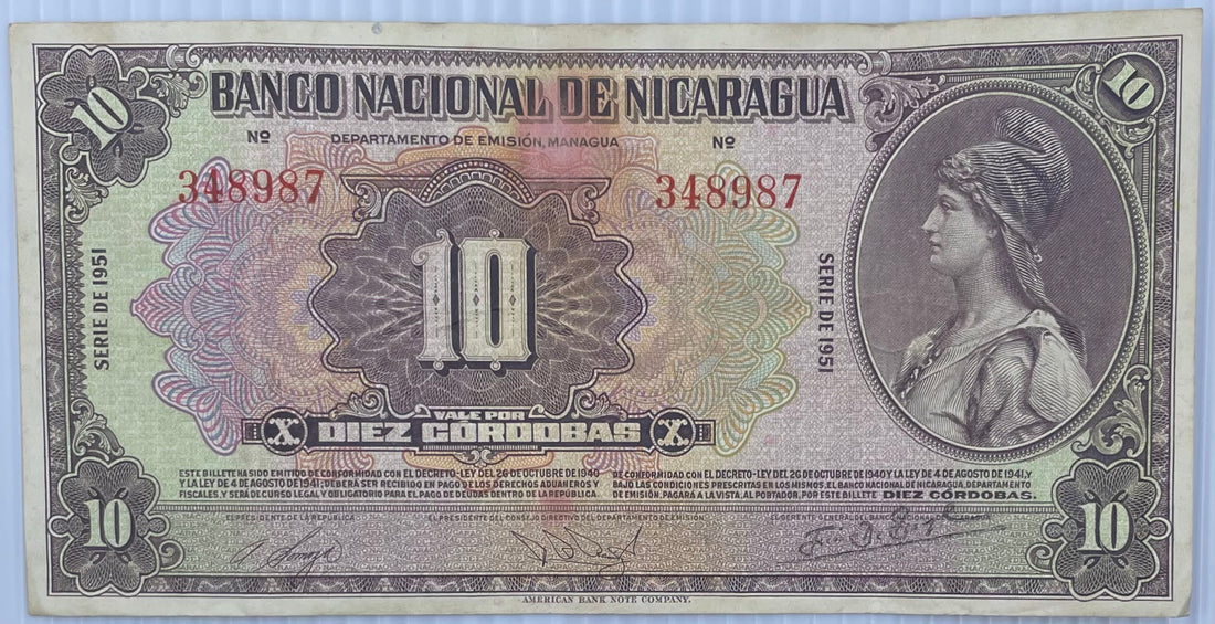 1942 Nicaragua 10 Cordobas P-94c Used World Banknote From Lot