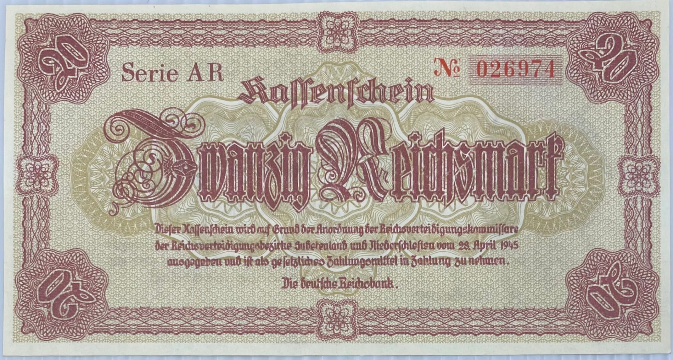 1945 Germany 20 Mark P-187 UNC banknote front side