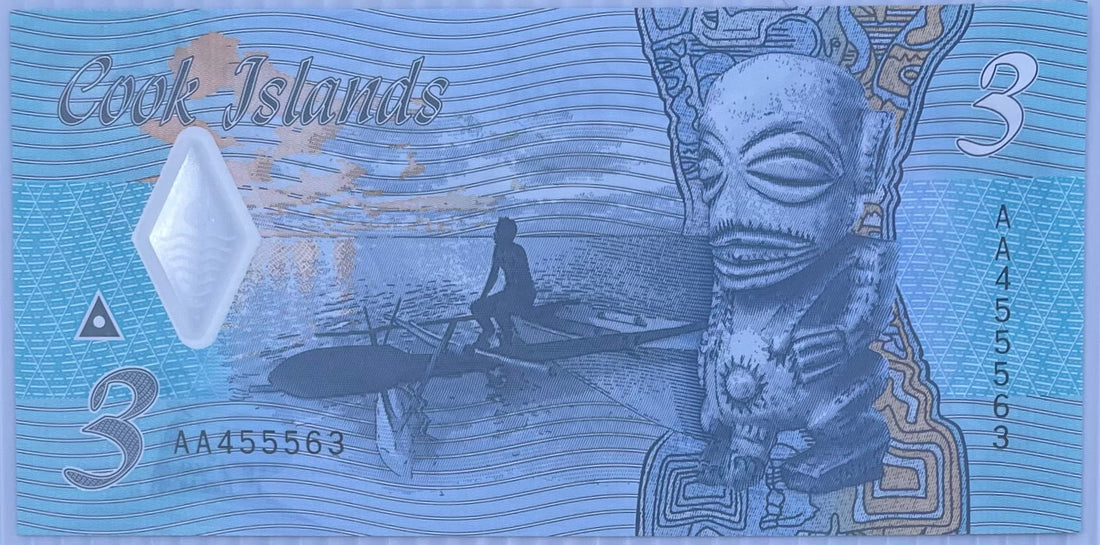 Cook Islands 3 Dollars Polymer 2021 UNC banknote featuring tropical landscapes and cultural motifs