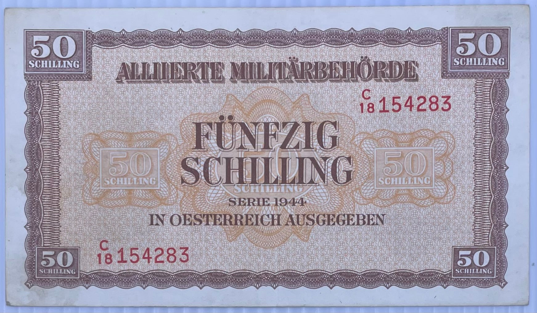 1944 Austria 50 Shillings P-109 WW2 MPC Circulated World Banknote