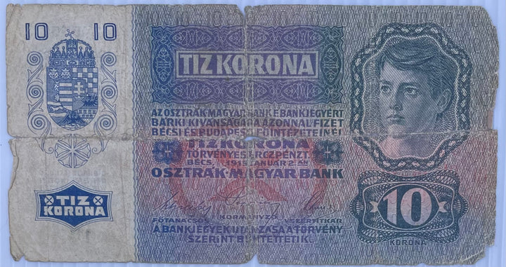 Austria 1915 10 Kronen P-43 Used World Banknote From Lot